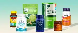 Group of expert recommended supplements on beige and green abckground