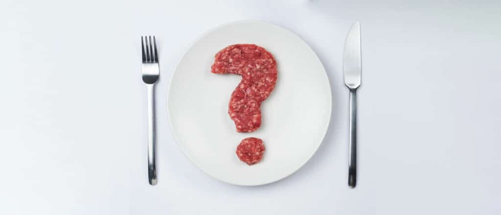 Ground meat shaped like a question mark on a white plate