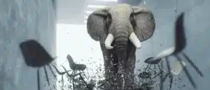 A large male elephant crashes through chairs