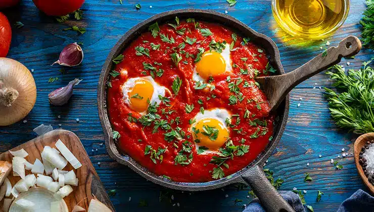 Shakshouka poached eggs on tomato sauce - stock photo