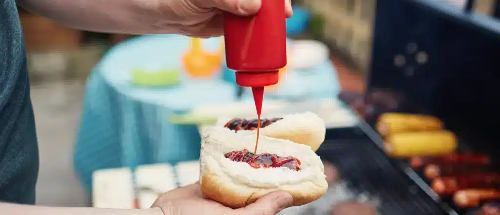 man squirting ketchup onto hotdogs