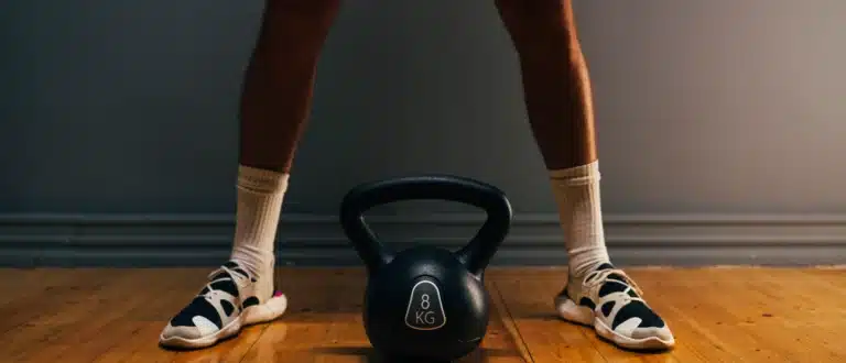 man standing with kettlebell between his legs