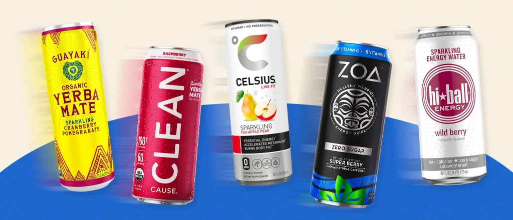 energy drink cans lined up on a graphic background
