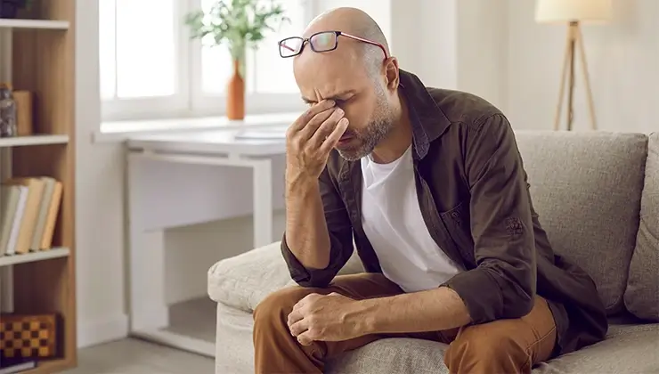 man with fatigue rubbing the bridge of his nose