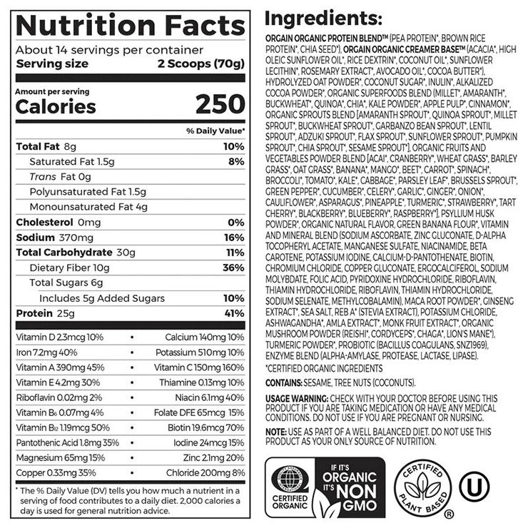 Orgain perfect meal powder nutrition facts