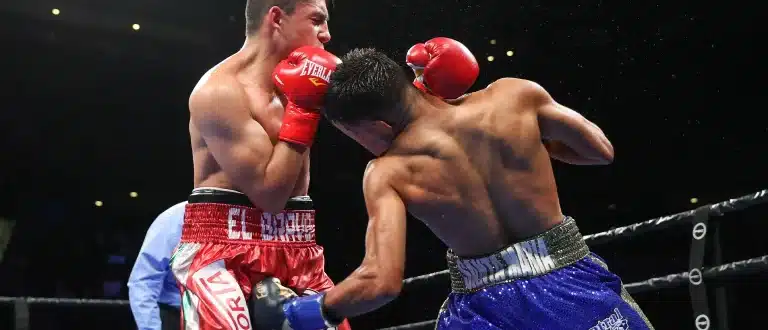 Boxer Karlos Balderas punching Rene Tellez Giron in the groin
