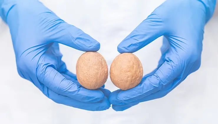 surgical gloves holding walnuts