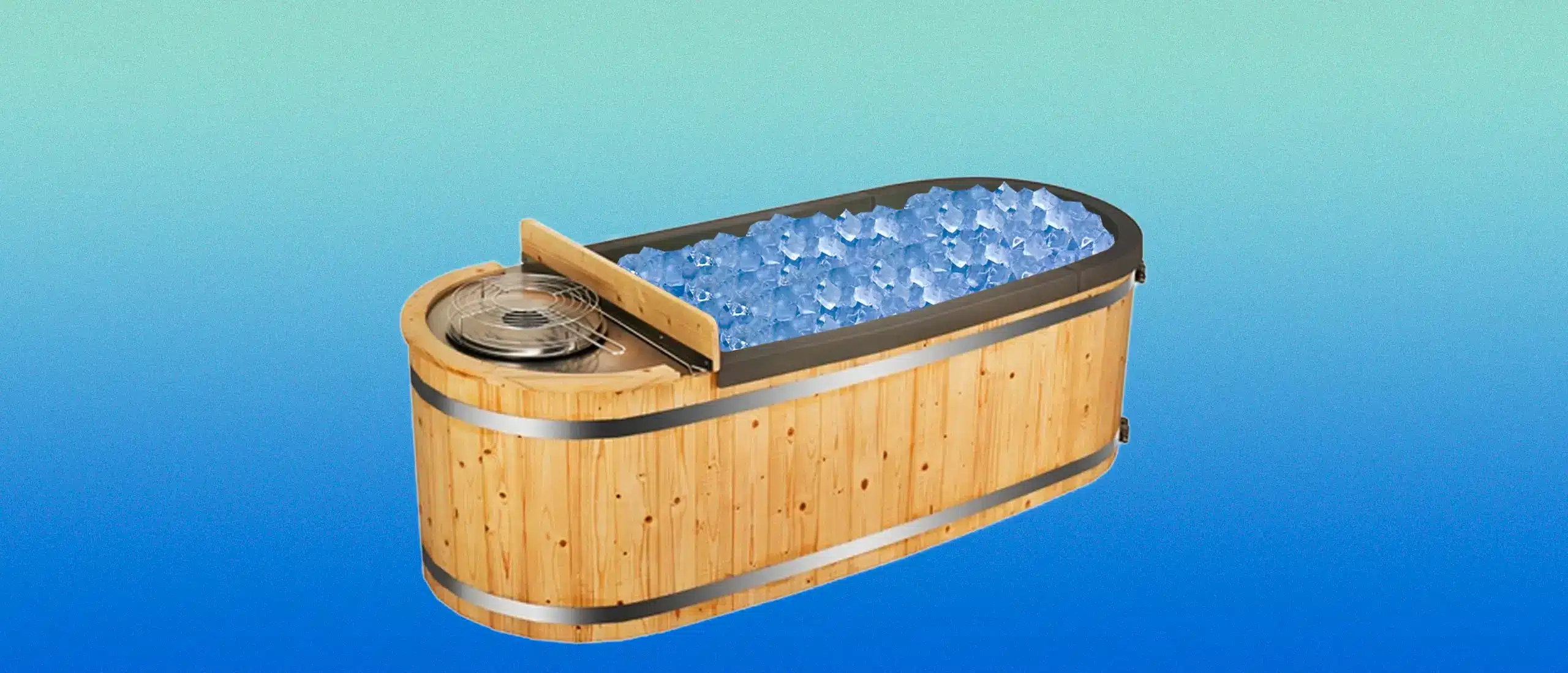 A product shot of a wooden ice bath with ice cubes inside.