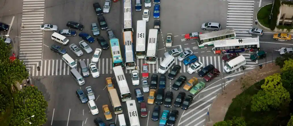 cars and trucks in a traffic jam