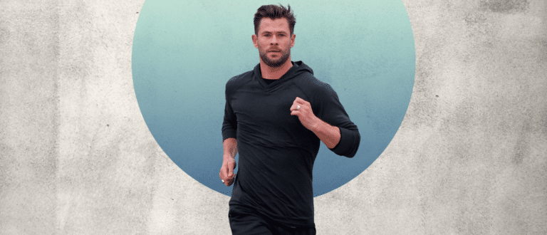 Chris Hemsworth running with a blue circle behind his head
