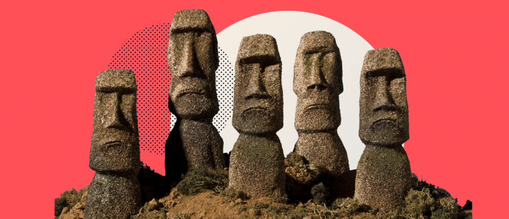 Easter Island heads on a red background