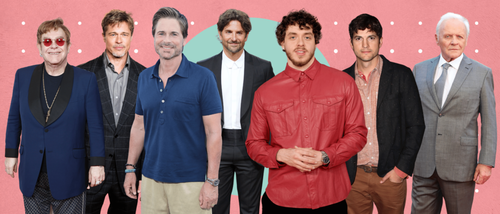 A collage of sober celebrities including Brad Pitt, Bradley Cooper, Elton John, Ashton Kutcher, Jack Harlow, Anthony Hopkins, Rob Lowe