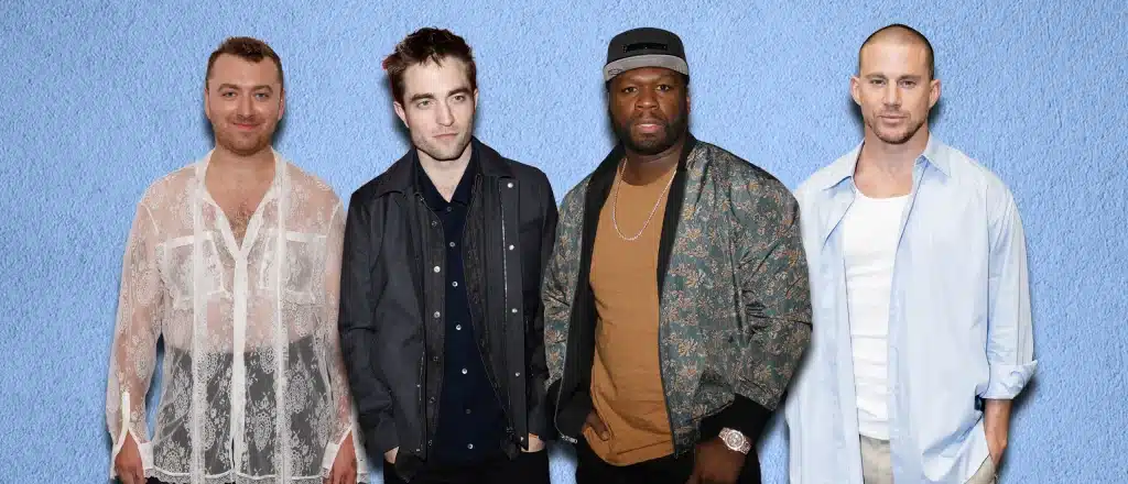 Sam Smith, Robert Pattinson, 50Cent and Channing Tatum standing in front of blue wall