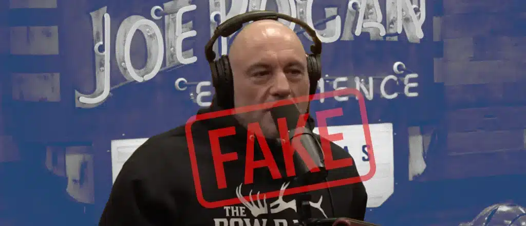Joe Rogan talking on podcast with a fake stamp