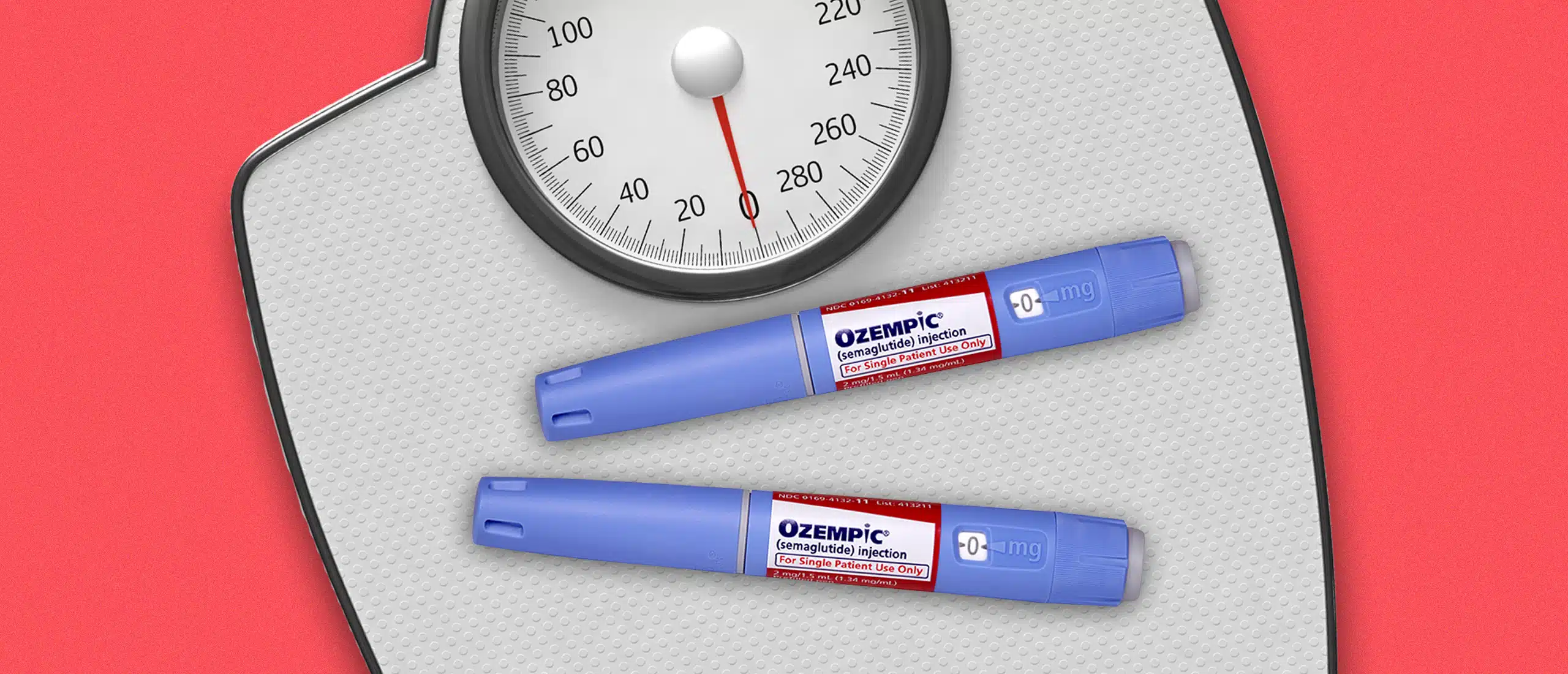 Ozempic injections on weight scale with red background