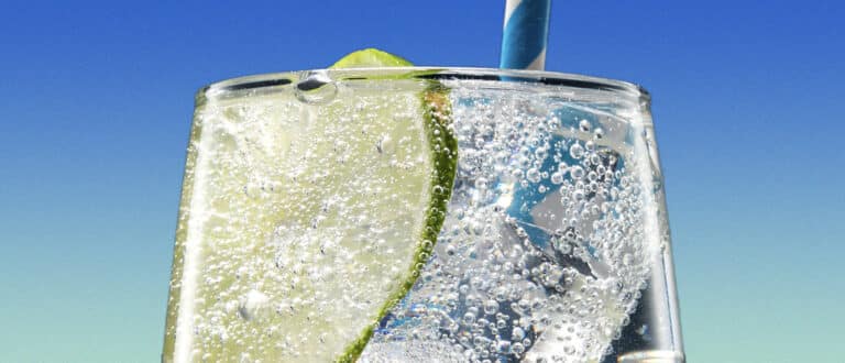 Closeup of cup of sparkling water with lime