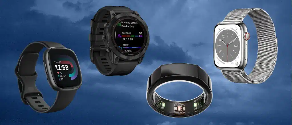 Different watches and health trackers on night sky background