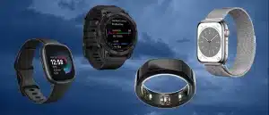 Different watches and health trackers on night sky background