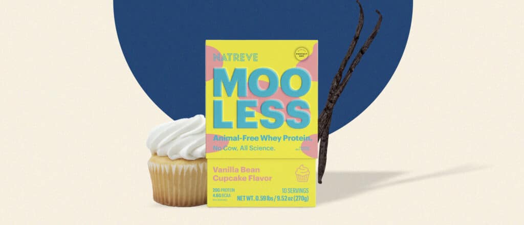 Mooless Animal-Free Whey Protein on beige and blue background