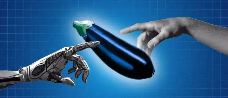a robot hand and a human hand reach for an eggplant