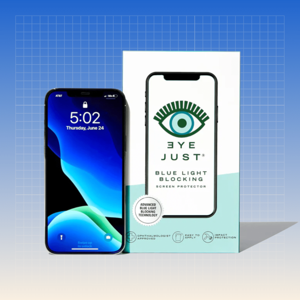 EyeJust iPhone Blue Light Blocking Screen Protector on blue background