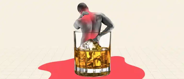 Man with back and neck pain in a glass of alcohol