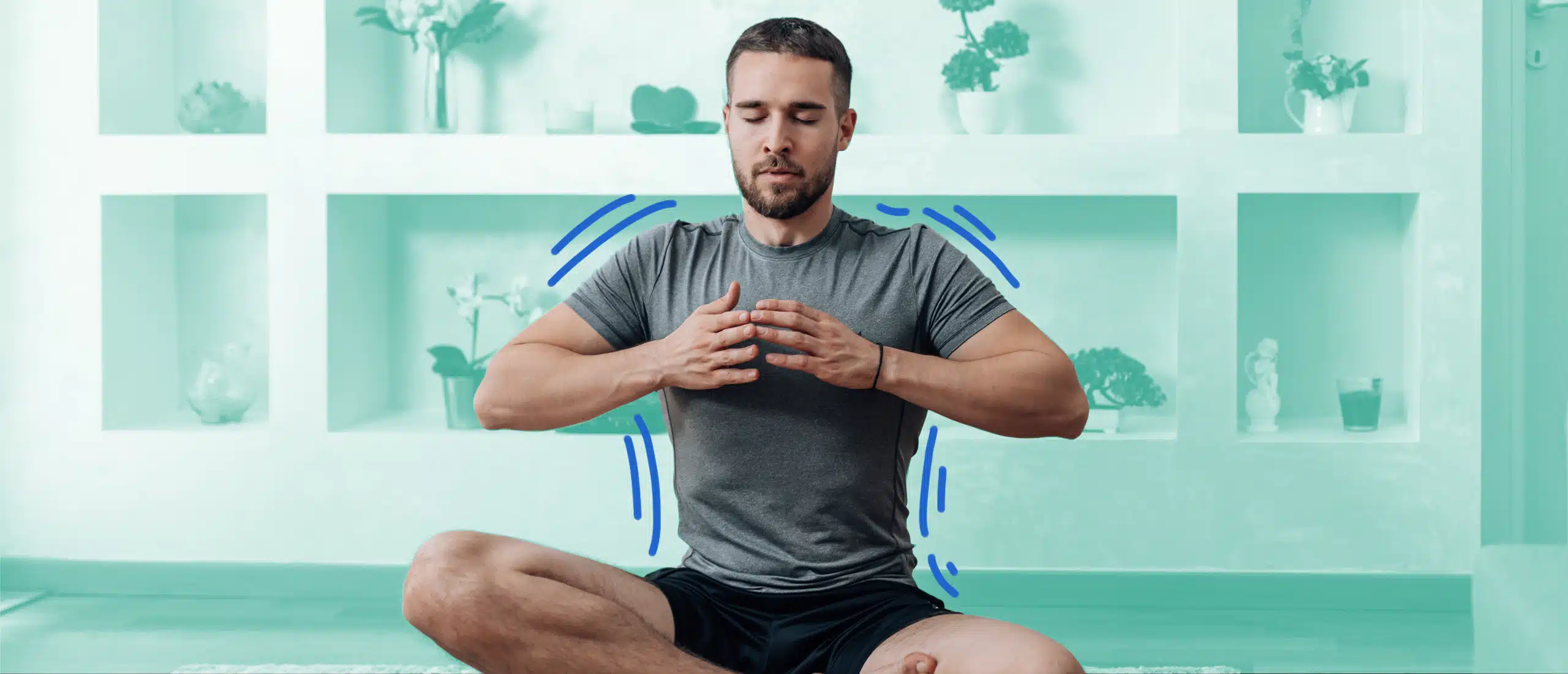 Man doing yoga pose and doing a deep breath with green background