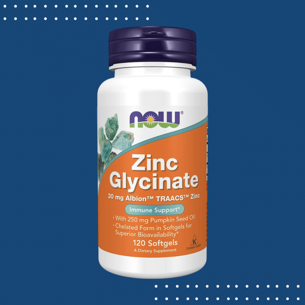 Now Zinc Glycinate supplement on dark blue background