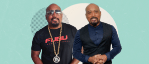 Daymond John pre and post weight loss in front of a green background