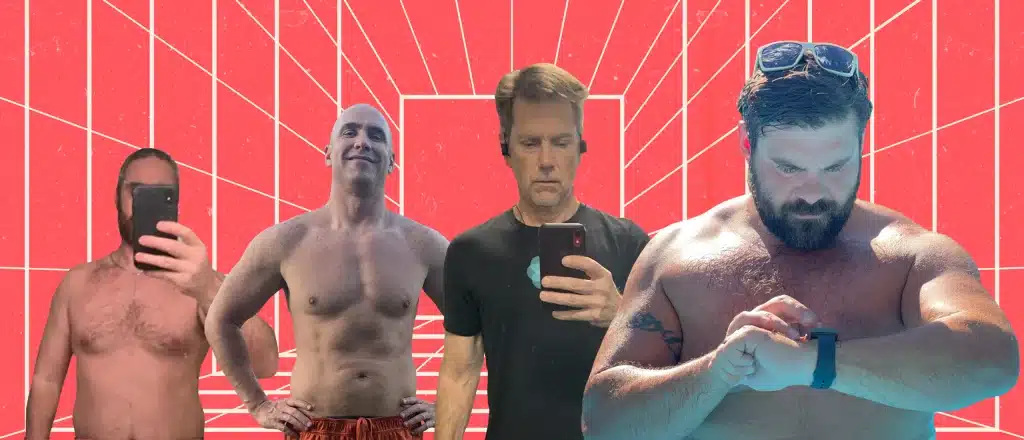 4 men showing TRT results with a red 3d grid background