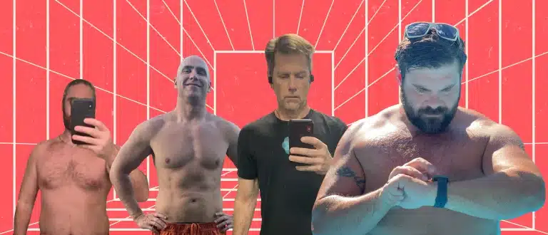 4 men showing TRT results with a red 3d grid background
