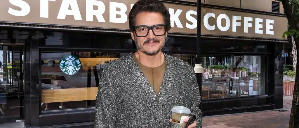 Pedro Pascal stands in front of Starbucks