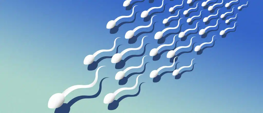Group of sperm cells swimming on green and blue background
