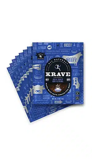 Krave all natural beef jerky on white background