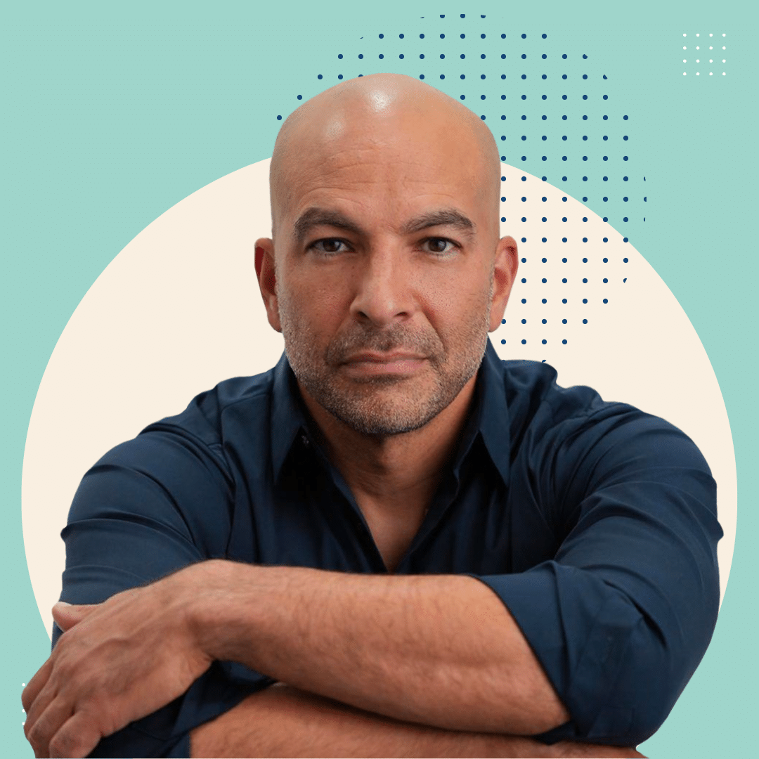 Peter Attia Headshot with beige and green background