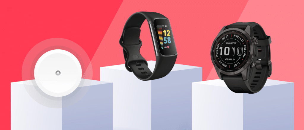 Different fitness trackers on white pedestals and red background