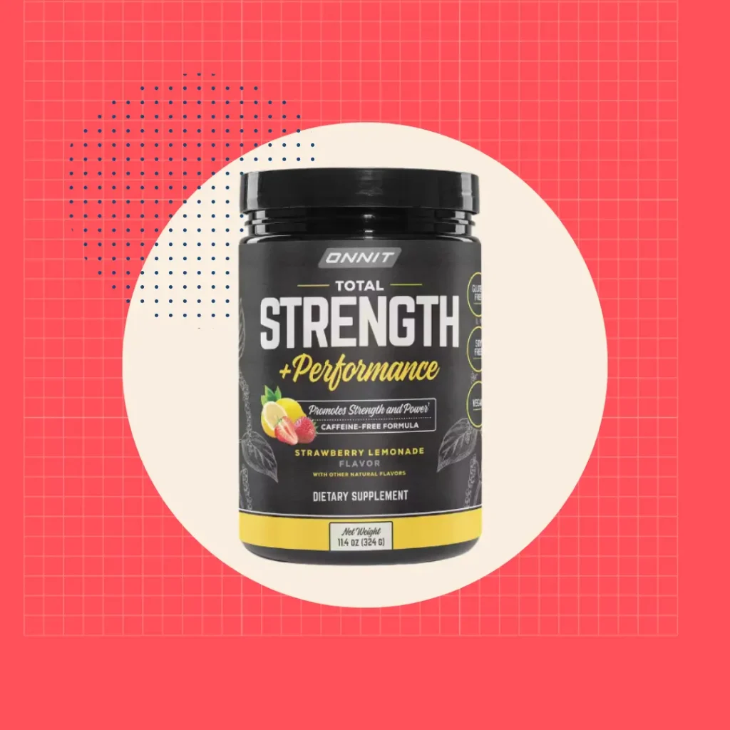 Onnit Total Strength Performance supplement on red grid background