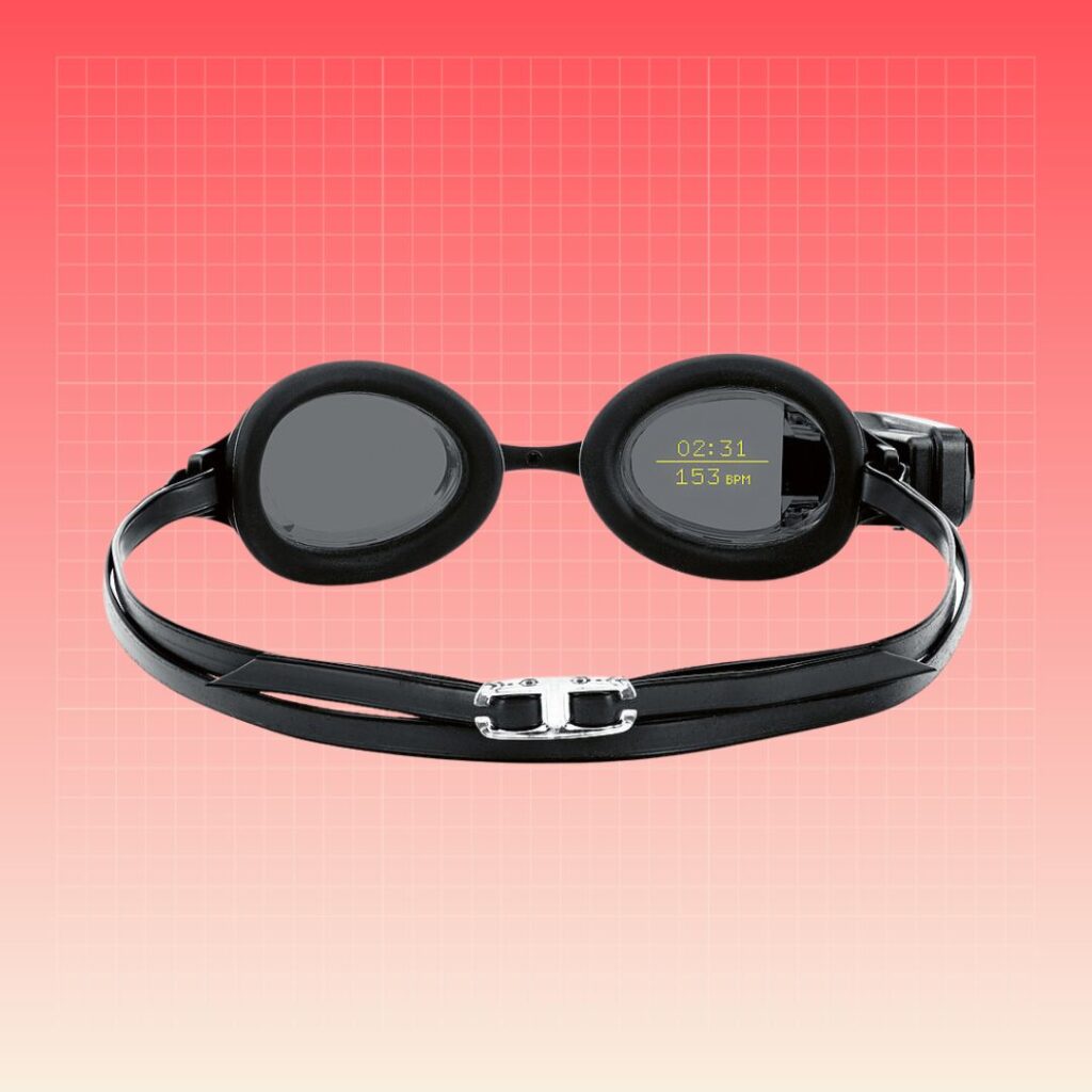 FORM Smart Swim Goggles on red grid background