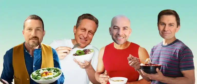 Andrew Huberman, Mark Hyman, Peter Attia, and David Sinclair eating a meal together.