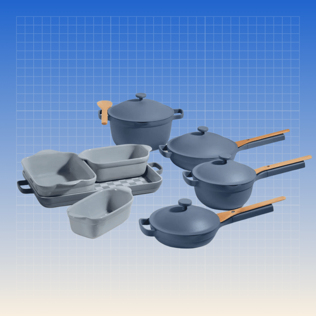 Our Place cookware on blue background