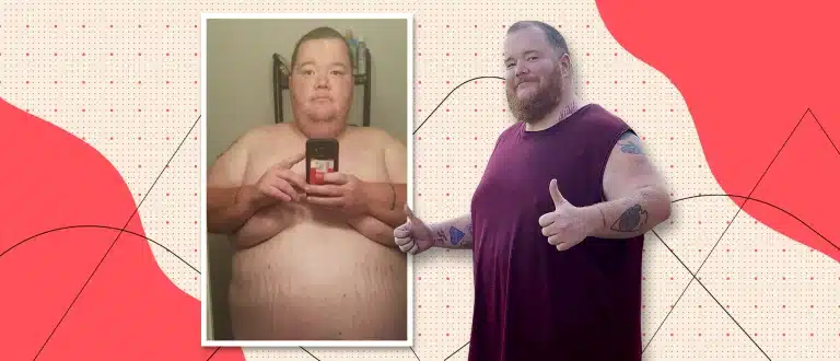Greg Shippen stands shirtless on the left before losing weight. On the right, he poses in gym clothes after losing nearly 300 lbs.