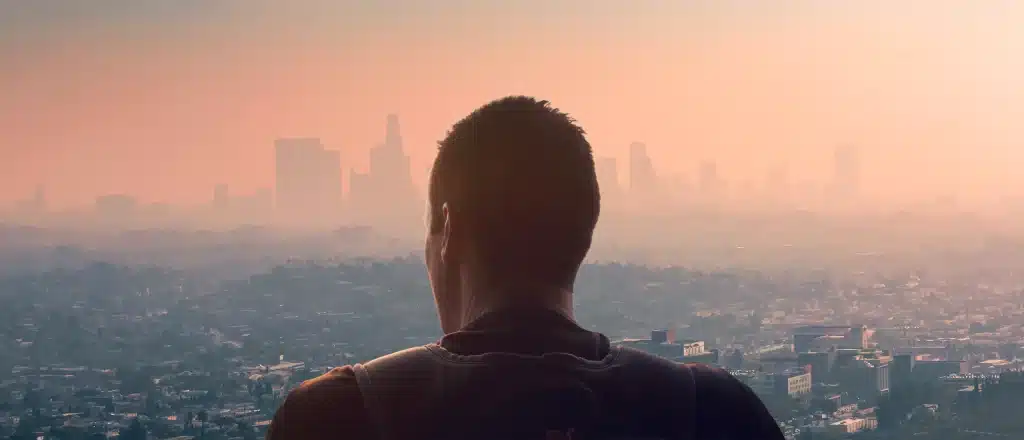 A man overlooks a city which is cloaked in polluted air