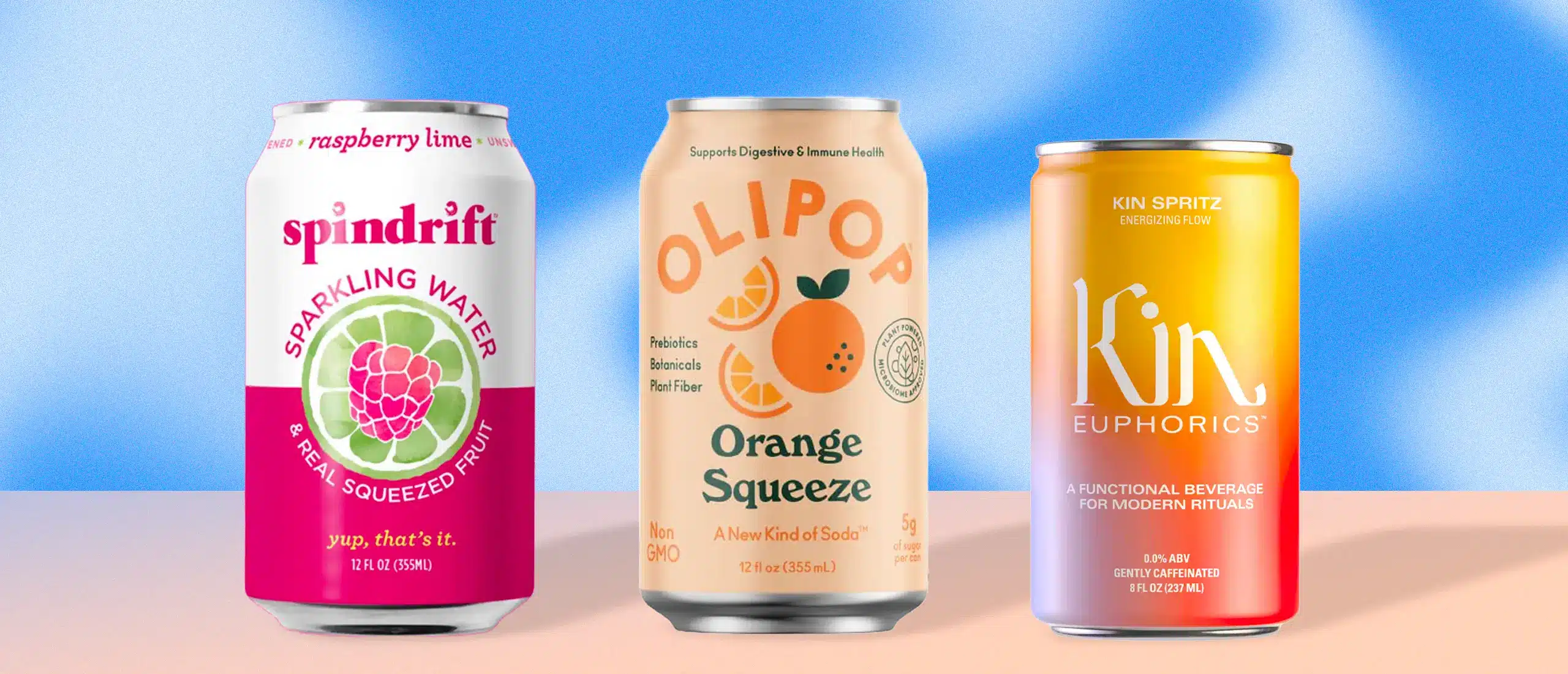 Spindrift, Olipop, and Kin Spritz, a few of the most popular healthiest soda brands lined up.