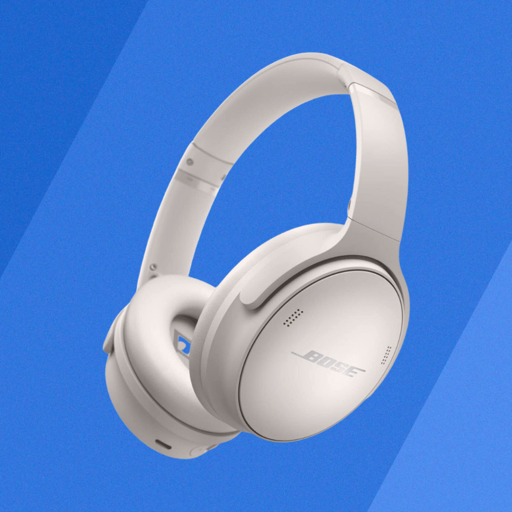 Bose Quiet Comfort 45 wireless headphones on blue background