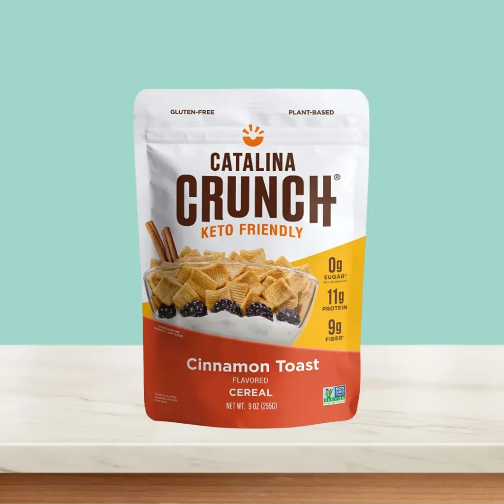 Catalina Crunch cereal on table and green background