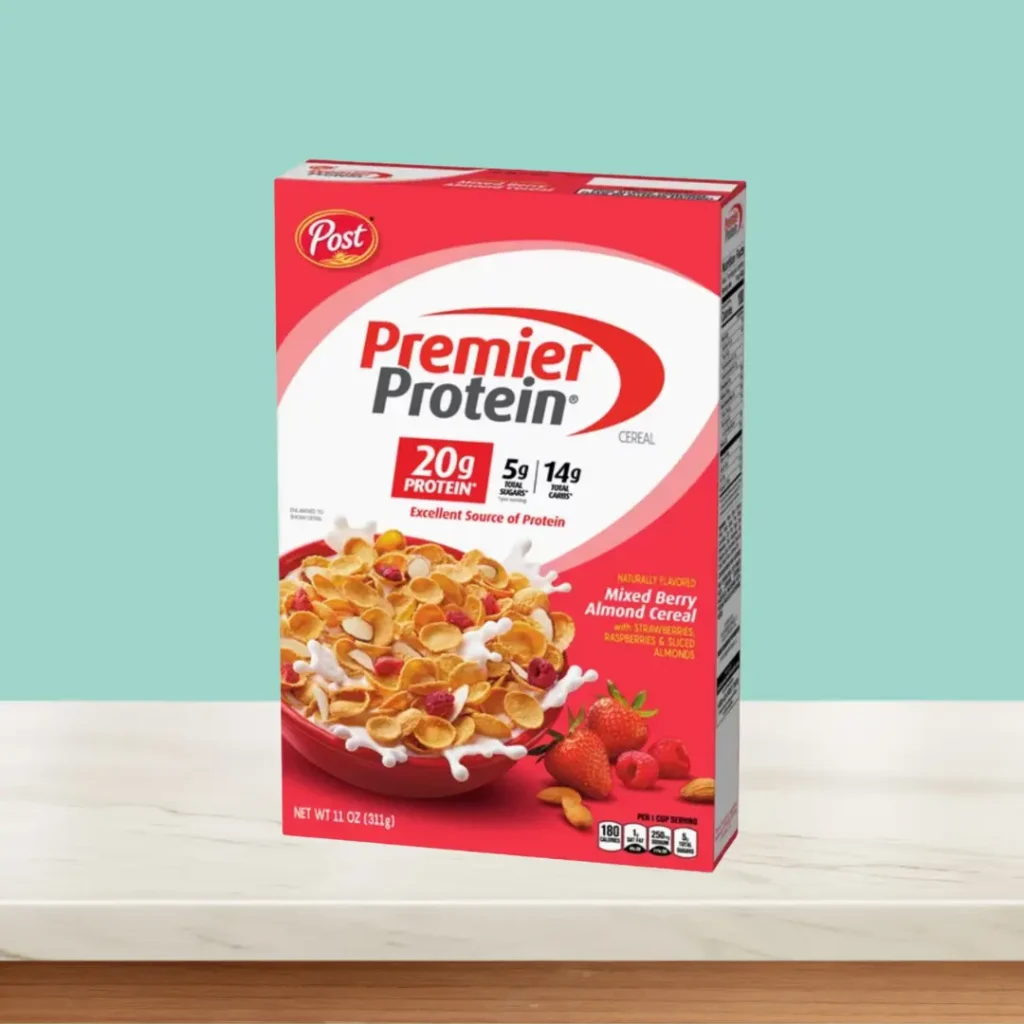 Post Premier Protein Cereal on table and green background