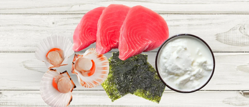 tuna, shellfish, nori, and yogurt on a platter