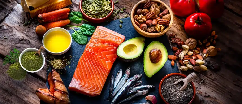 green mediterranean foods, like salmon, sardines, avocado, walnuts, and greens, spread out on a board.