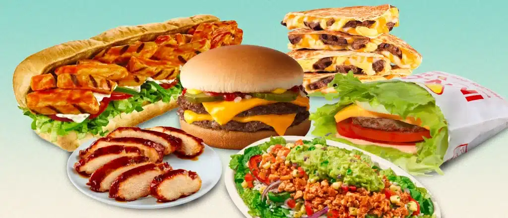 high-protein fast food burgers, sandwiches, salads, bows, and teriyaki chicken looking absolutely delicious.