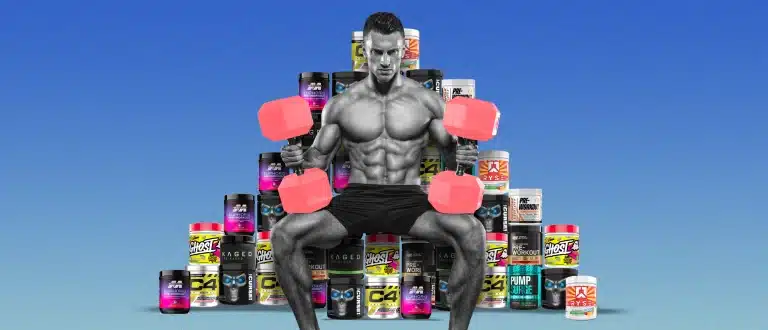 Man holding dumbbells and sitting on a throne of pre-workout